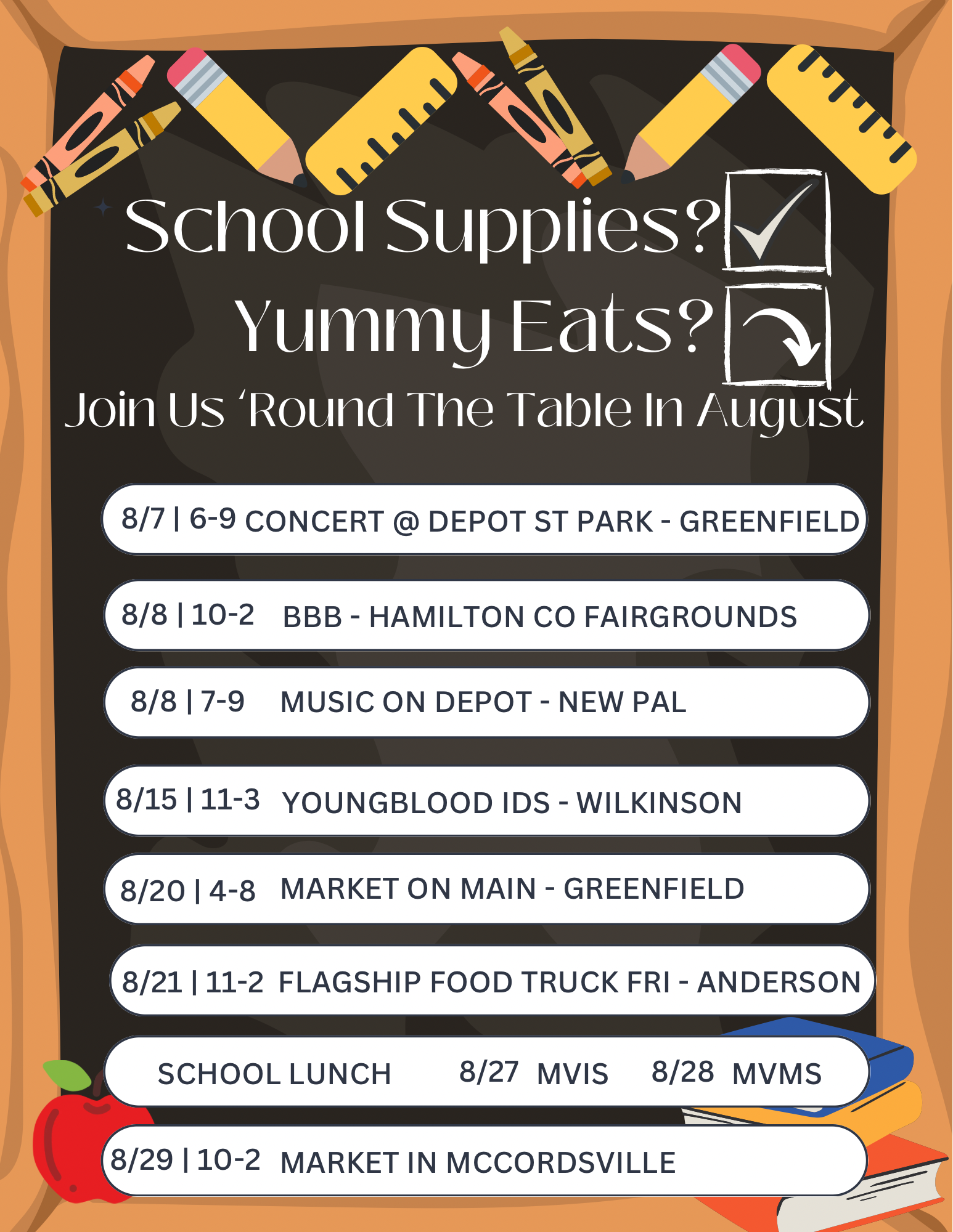 Rustic Table August schedule — School supplies? Check. Yummy eats? Check. Join us 'round the table in August